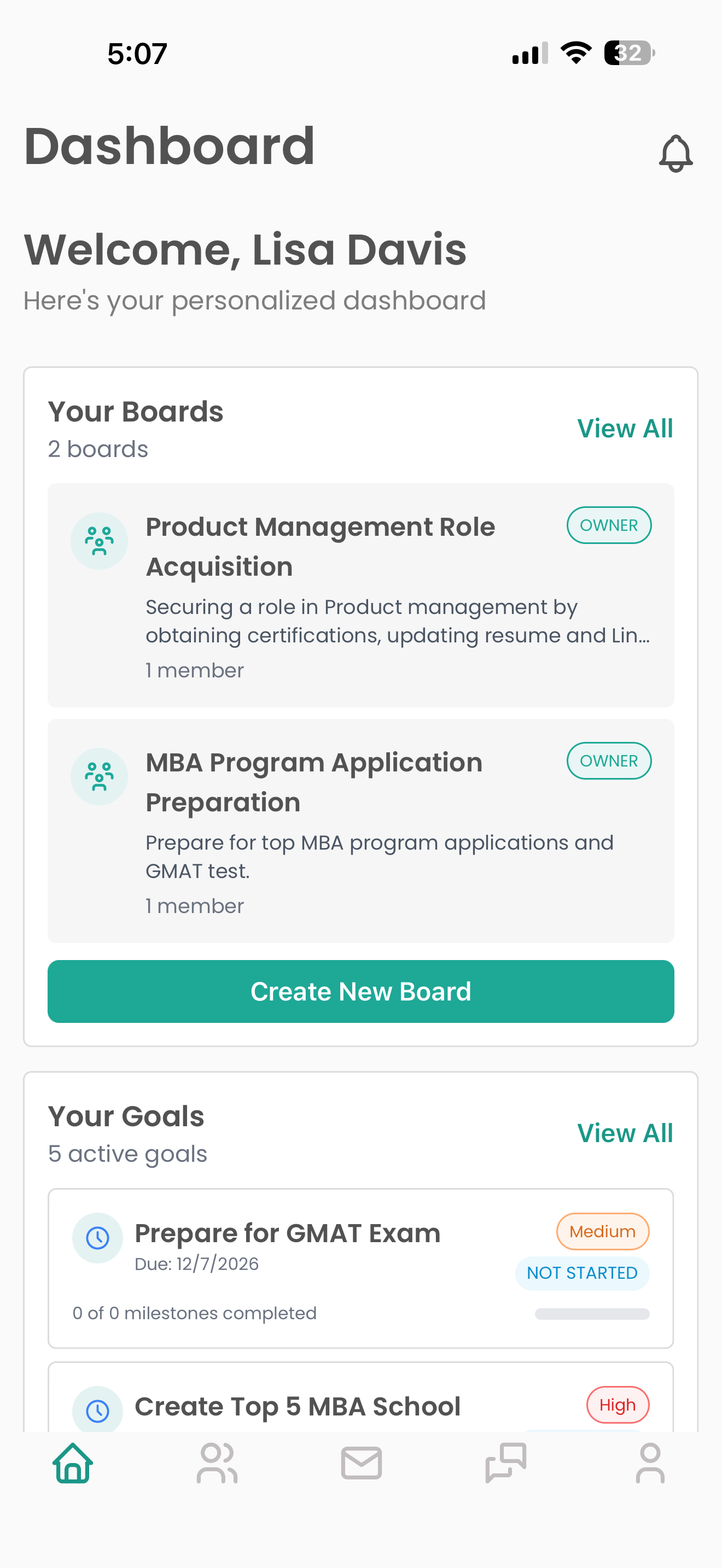 Peadbo dashboard showing your goal boards and active goals